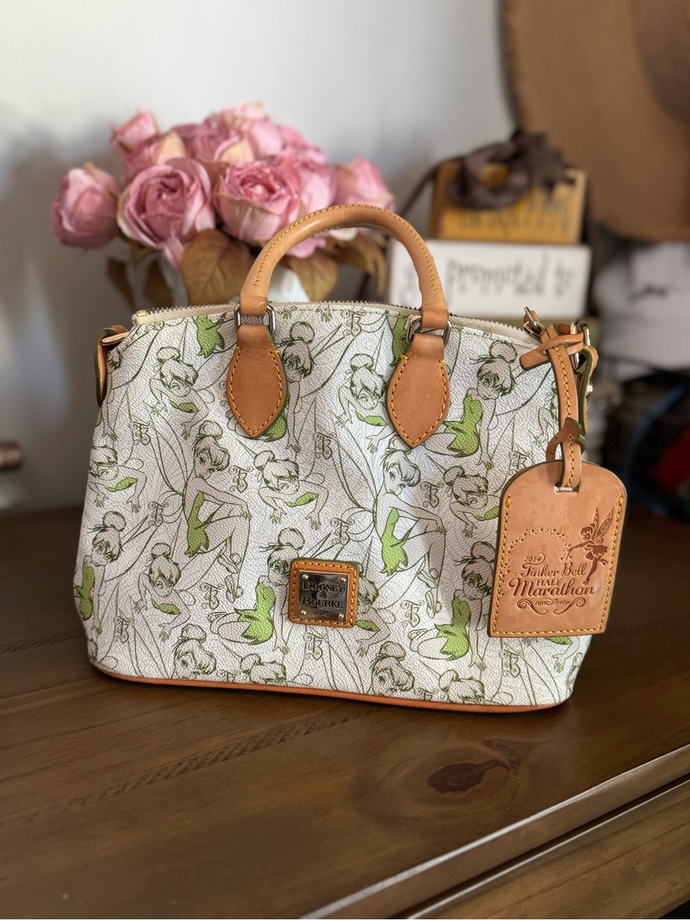 Dooney & Bourke Cream Floral Tinker Bell Satchel with Tan Trim